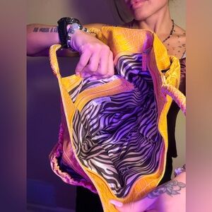 Y2K Nine West Yellow Gold Croc-Embossed Women's Bag Zebra Lining Faux Leather